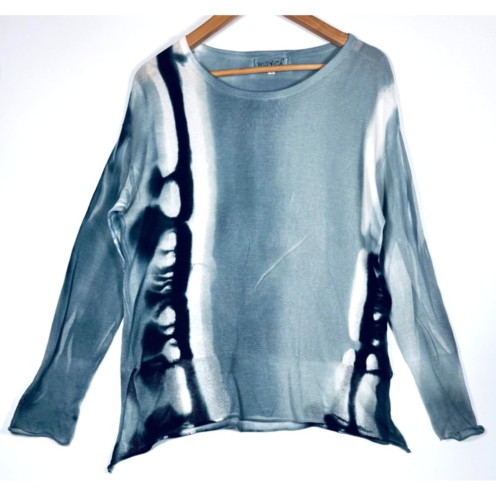 MA+CH Marika Charles Knit Top Size 2 Medium Blue Tie Abstract Lagenlook Artsy